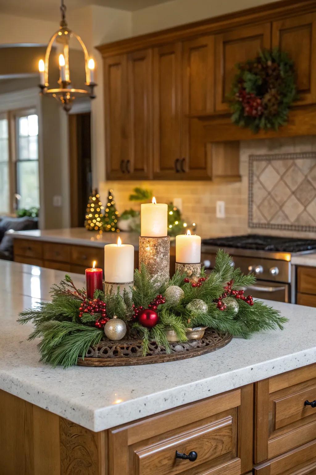 A celebratory centerpiece infuses warmth onto the kitchen island.