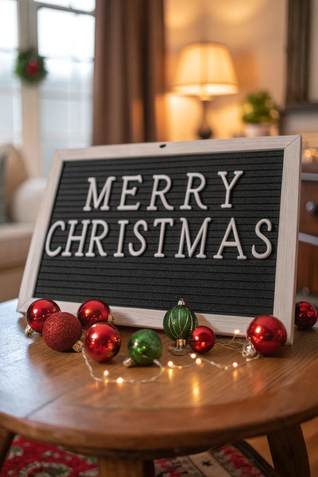 A traditional 'Happy Christmas' message board encircled by seasonal ornaments.