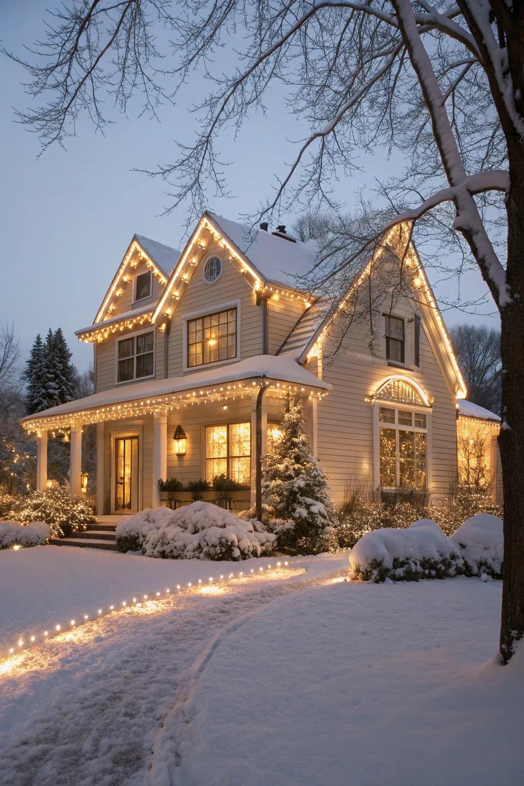 A home featuring its architectural elements exquisitely outlined with festive illumination.