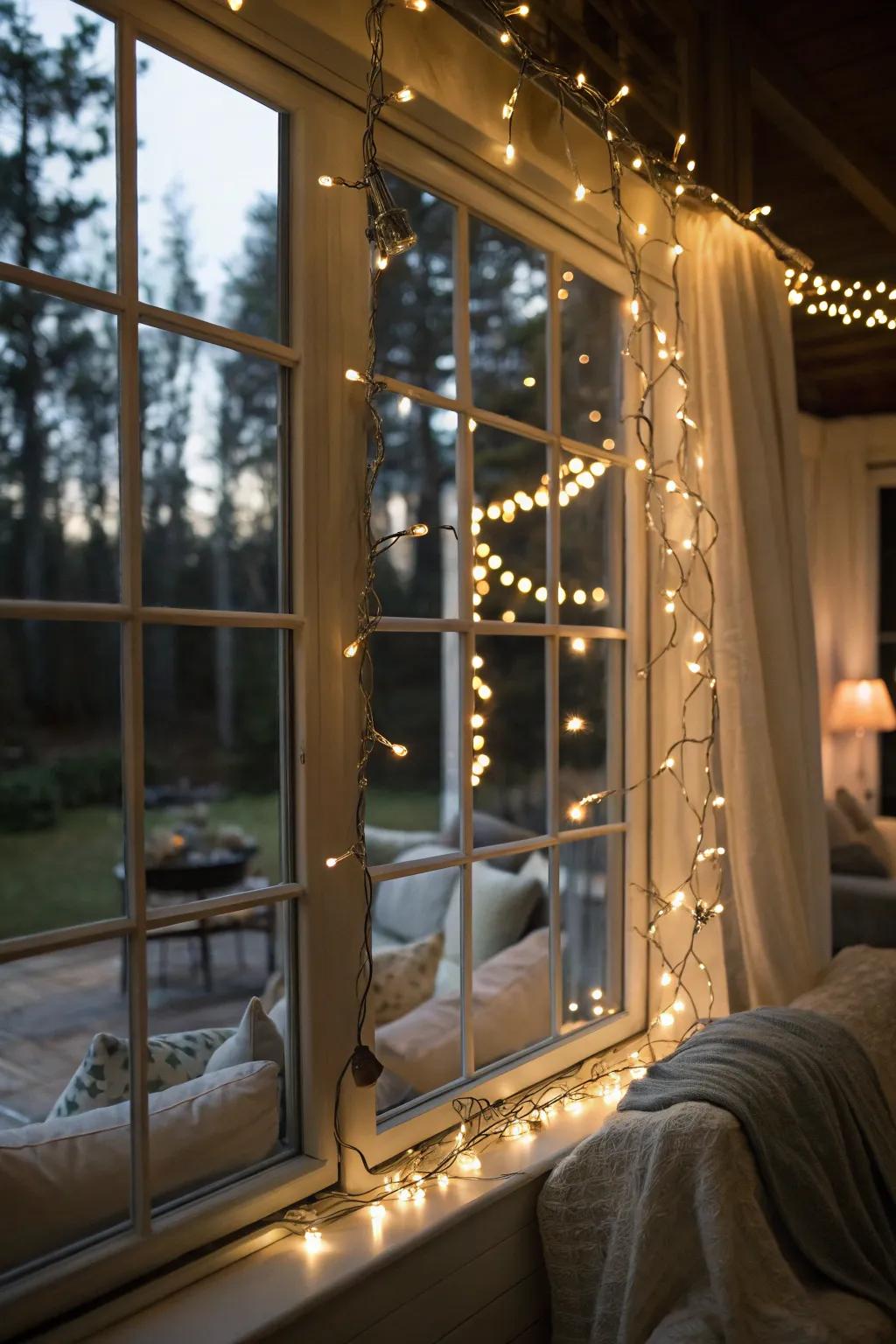 Classic string lights elegantly frame the window, creating a festive charm.