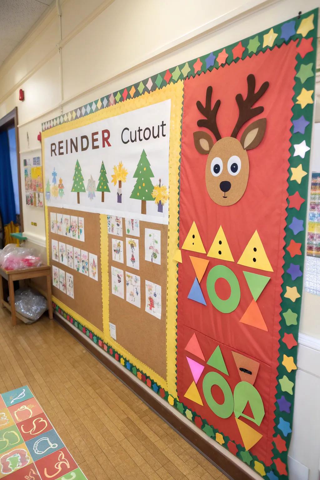 Reindeer composed of geometric forms brighten the classroom.