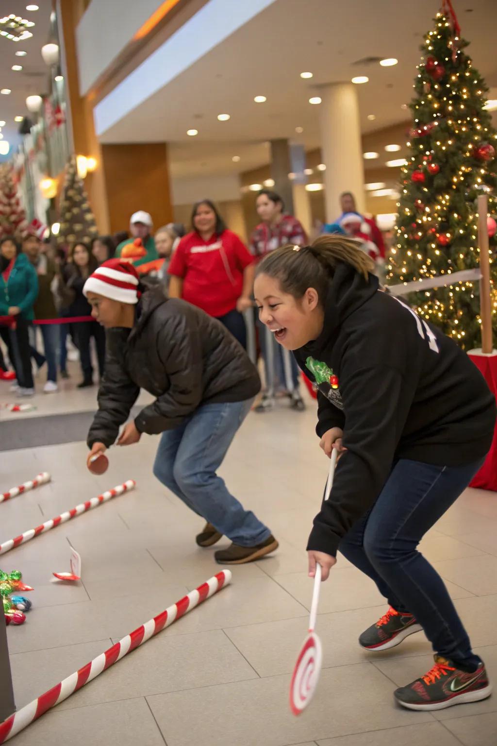 Participants in a festive cane dash, exemplifying equilibrium and Noel merriment.