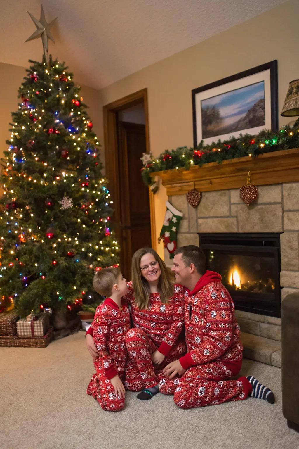 Family enjoying a festive pajama gathering next to the Christmas tree.