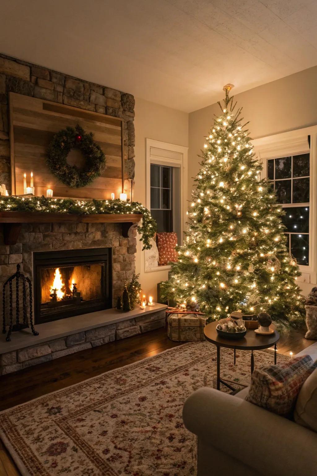 An inviting living room scene featuring a Christmas tree and glowing fireplace, ideal for holiday photos.