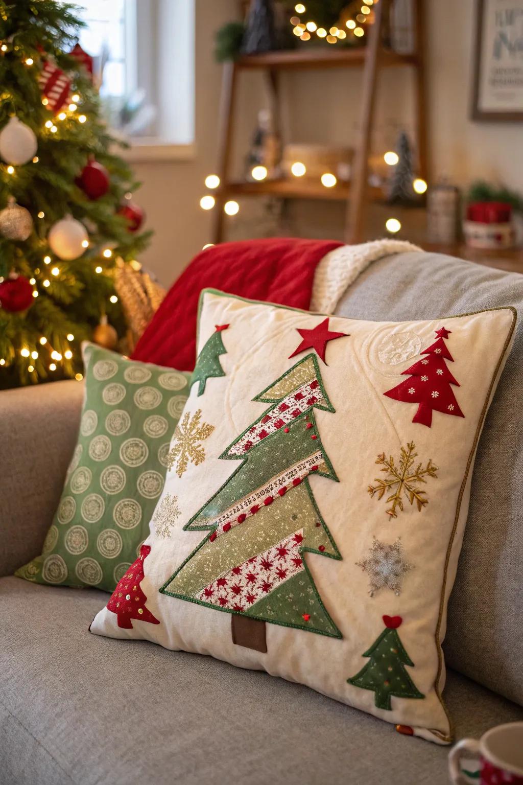 Bespoke Holiday Tree Pillow adding a unique charm to the seasonal decorations.