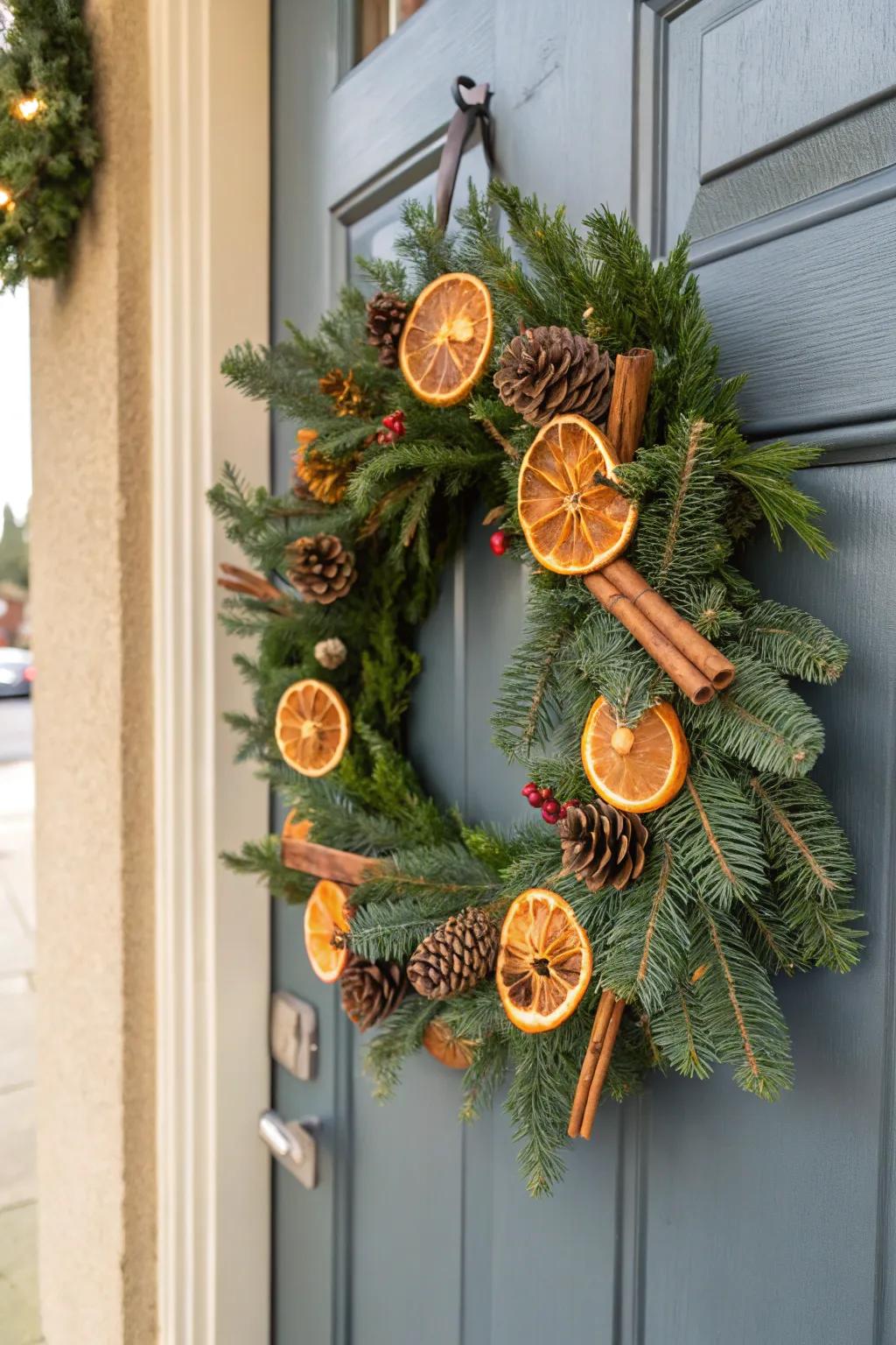 A one-of-a-kind Christmas ring showcasing dried citrus and spice sticks.