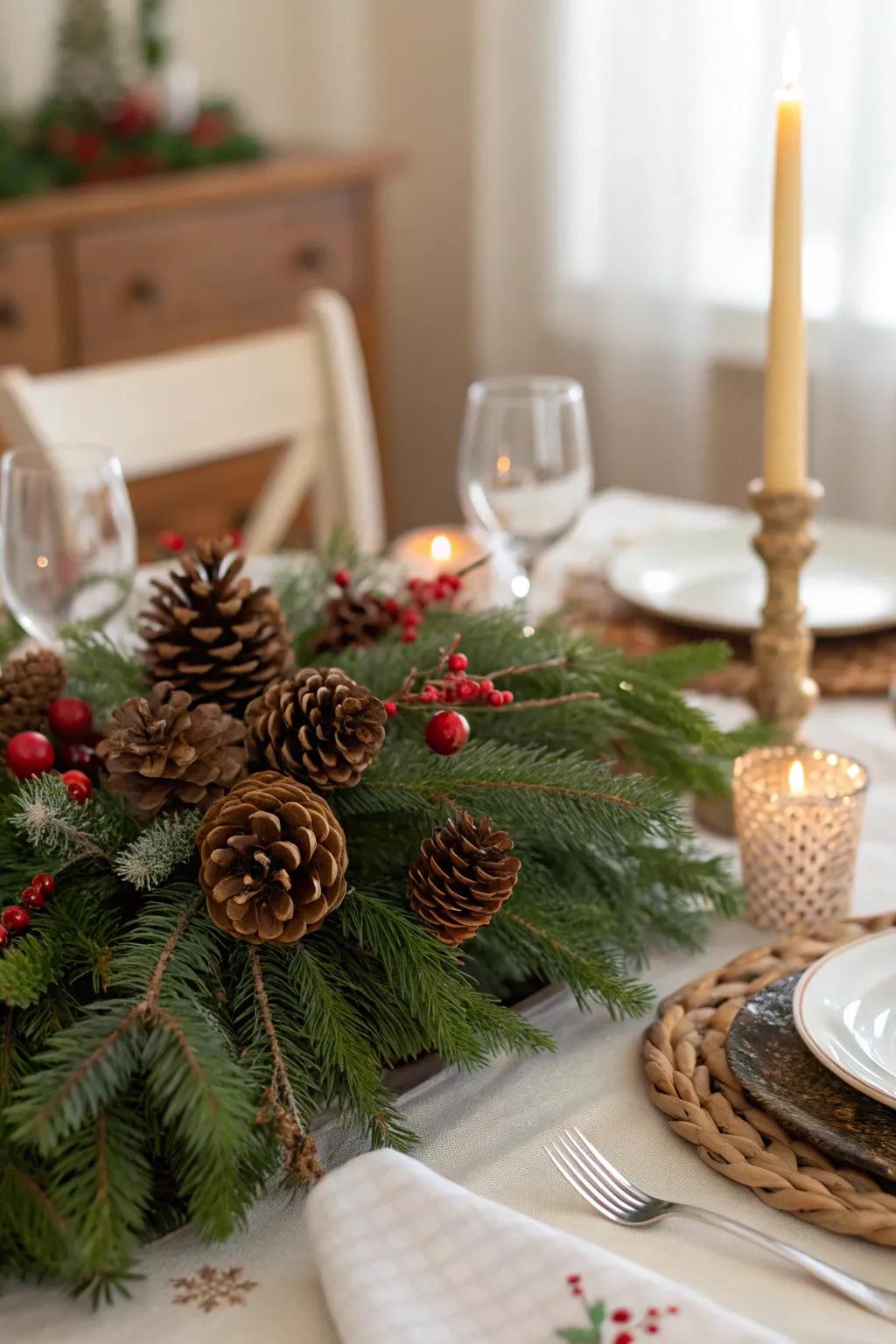 Evergreen branches and pinecones form a fresh and classic centerpiece.