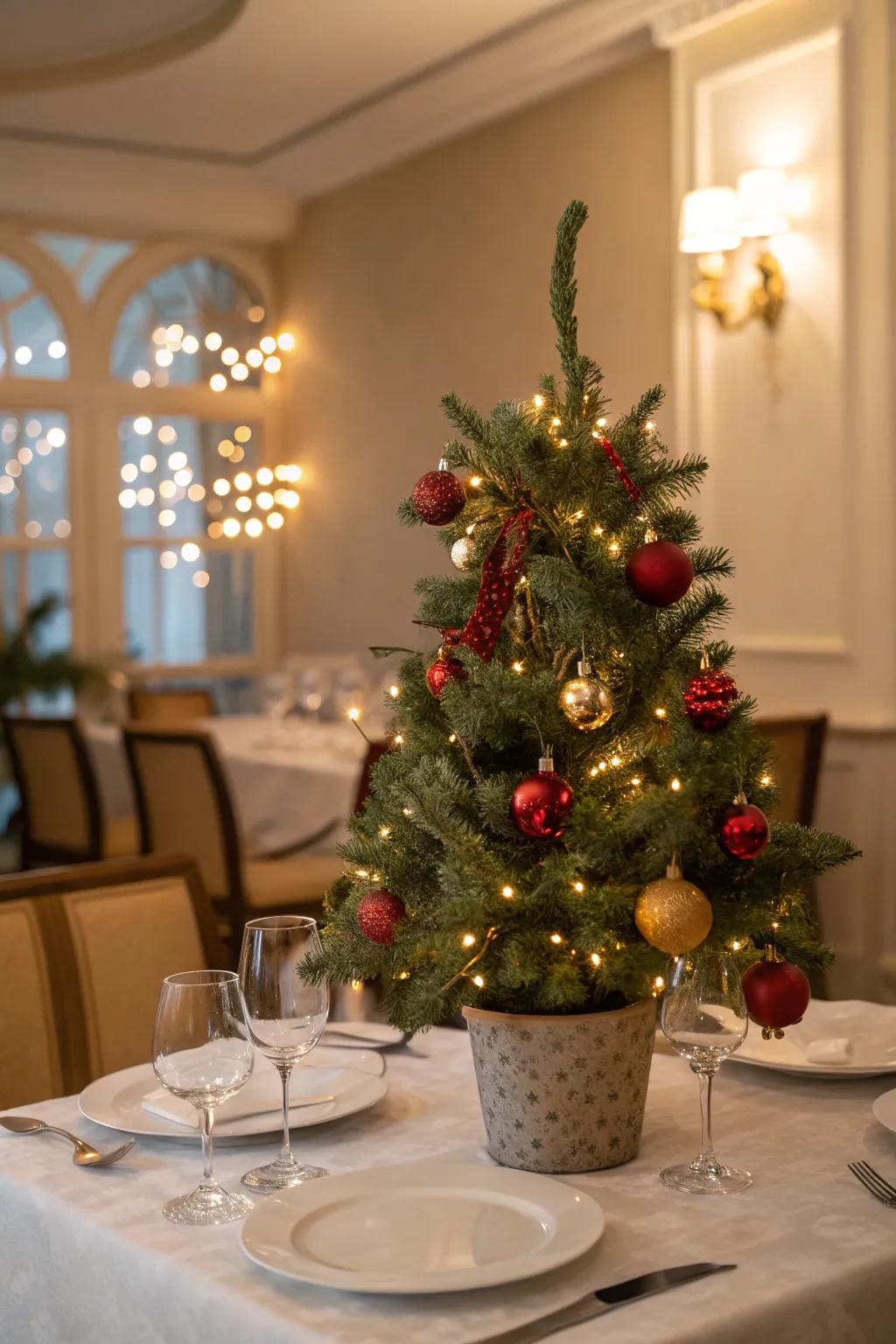 A scaled Christmas fir introduces a celebratory element to the table.