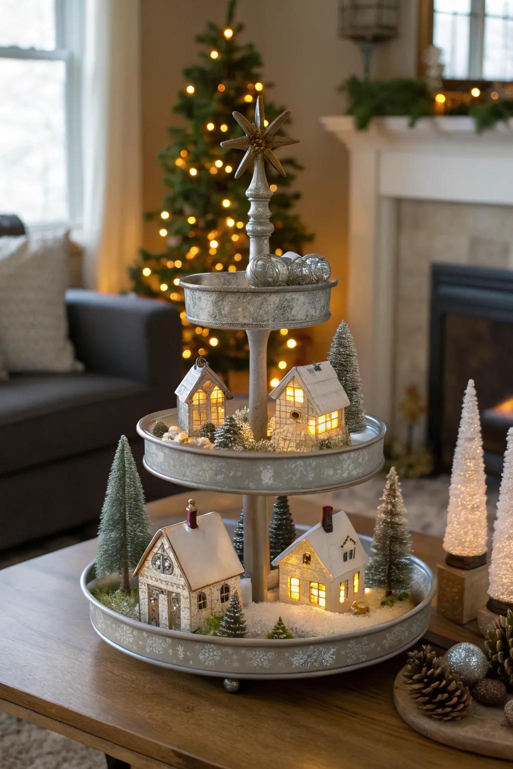 A captivating miniature winter scene presented on a multi-level display.