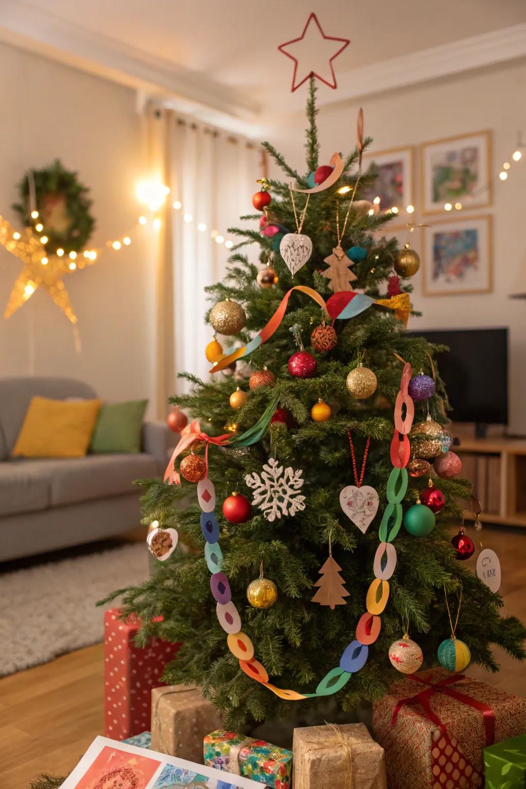 A Christmas tree brimming with crafts made by children.