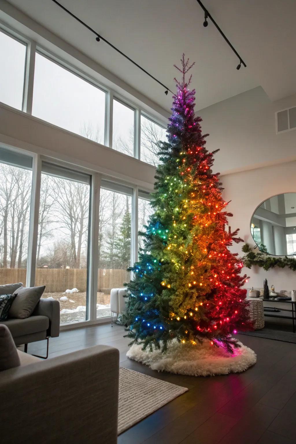 A captivating Christmas tree displaying a rainbow spectrum of string lights, establishing a lively center of attention.