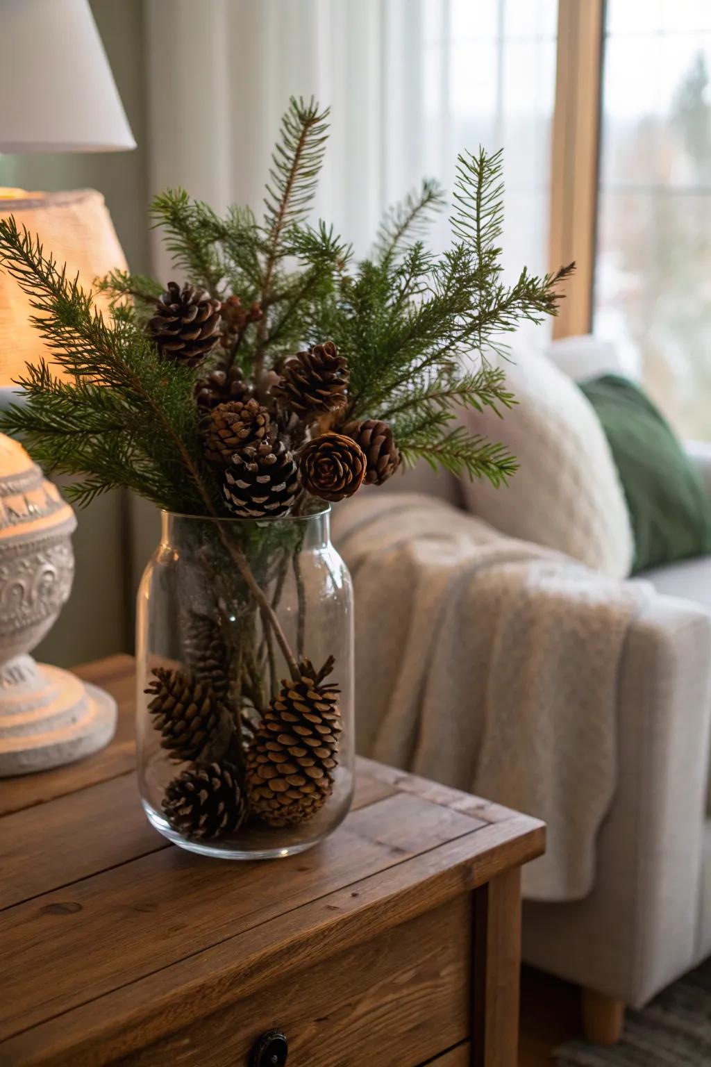 Organic refinement: fir cones paired with greenery establish a warm Yuletide spirit.