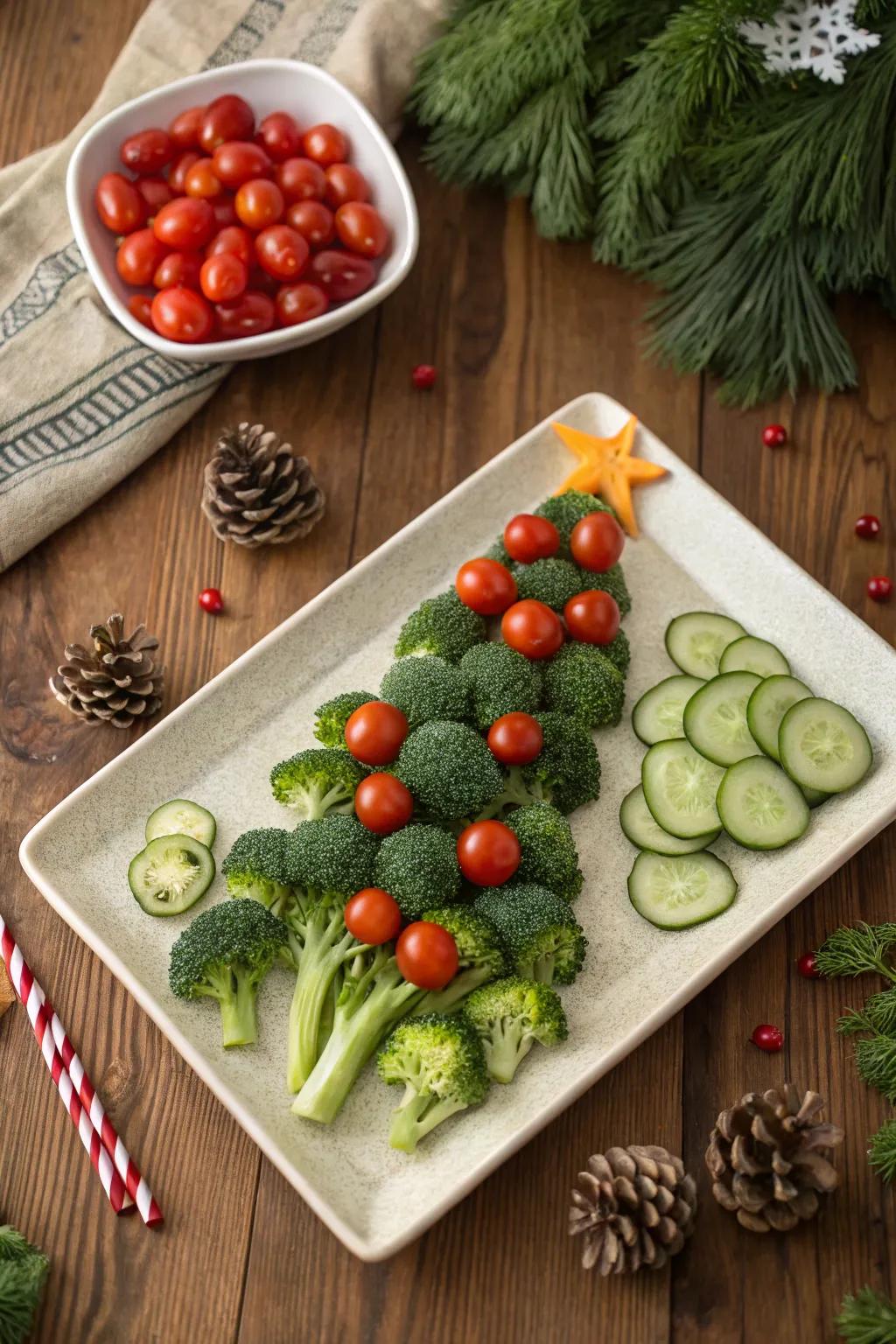 A classic evergreen veggie arrangement design that merges festive cheer with healthy eating.
