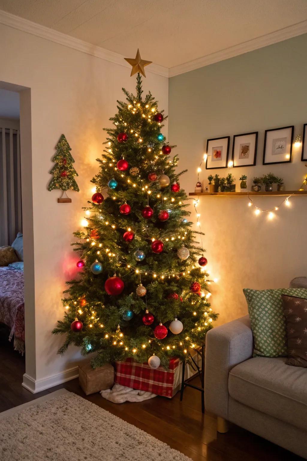 An inventive wall-adhered holiday tree adorned with lights and decorations.