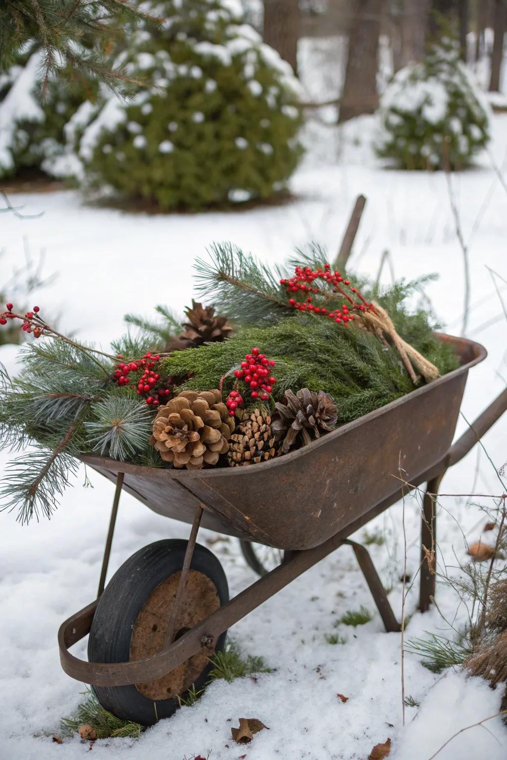 A builder's cart turned planter, celebrating the season with evergreens and berries.