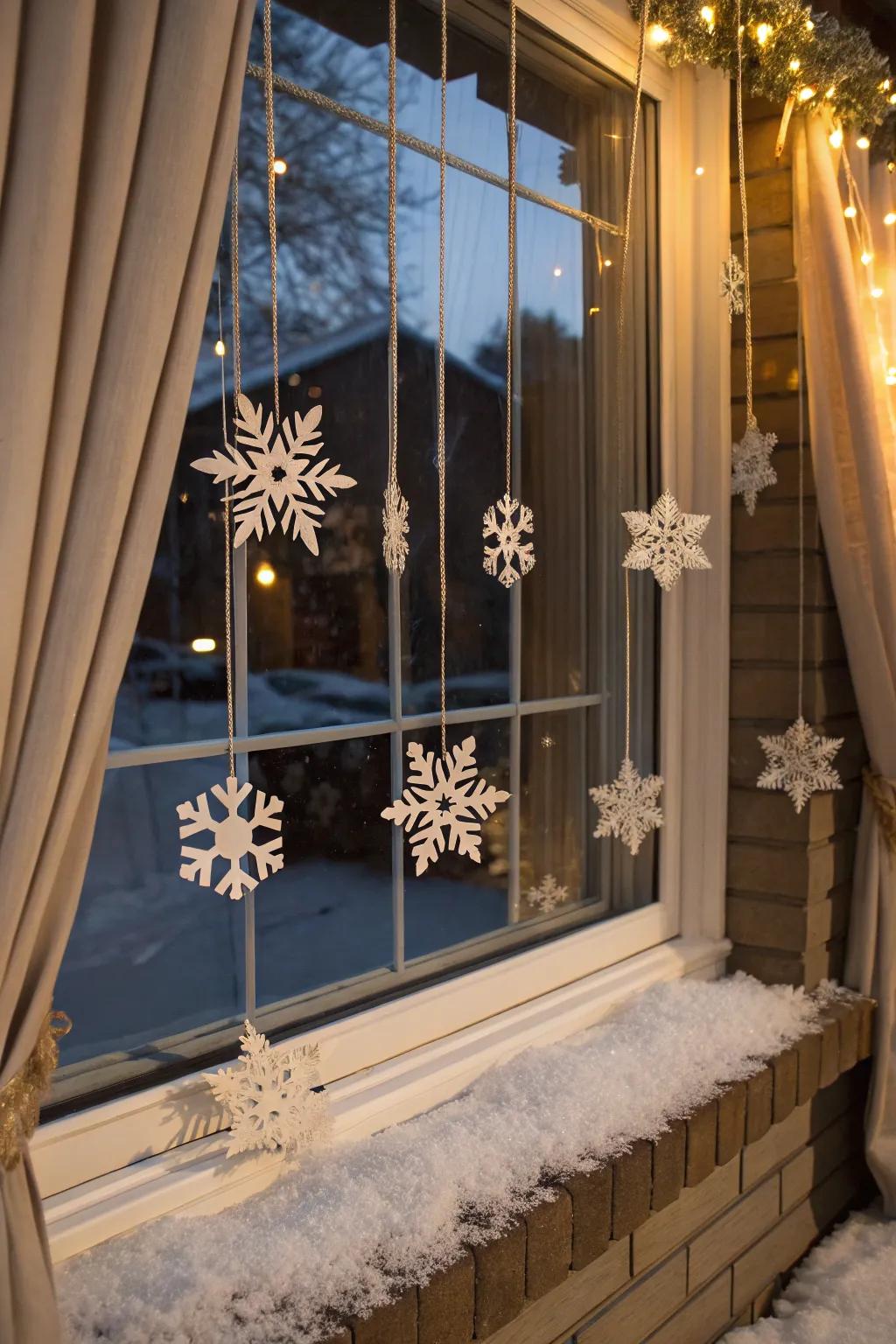 A window reimagined as a snowy sanctuary with suspended snowflakes.