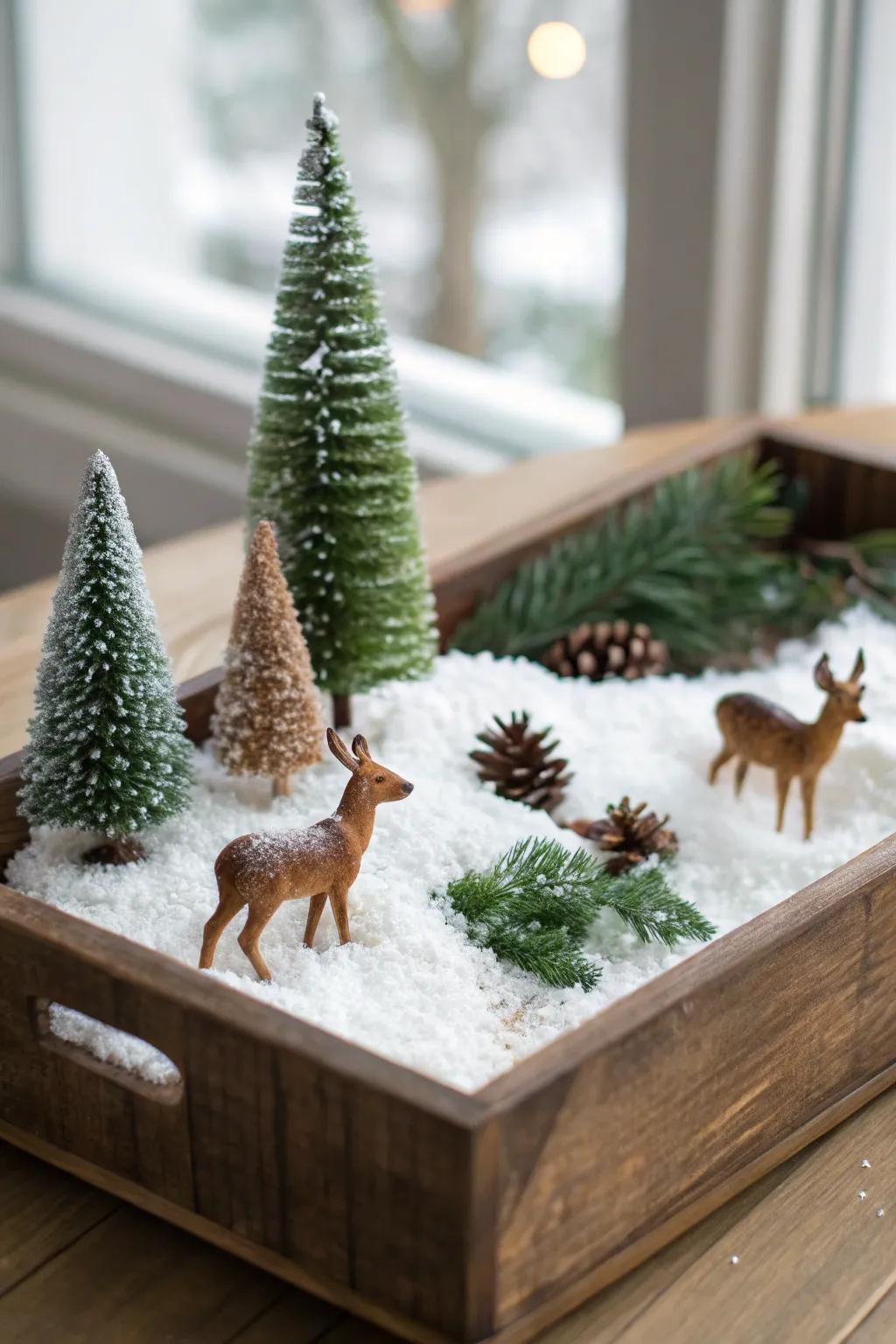 An enthralling miniature snow-covered landscape presented in a storage vessel.