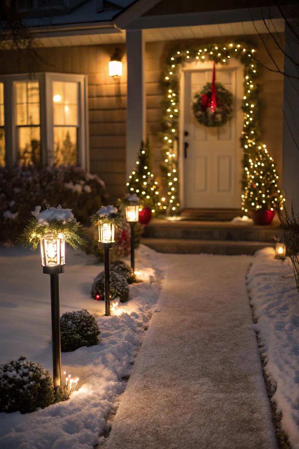 A pathway illuminated by Christmas stake lights, leading to a festive entrance.
