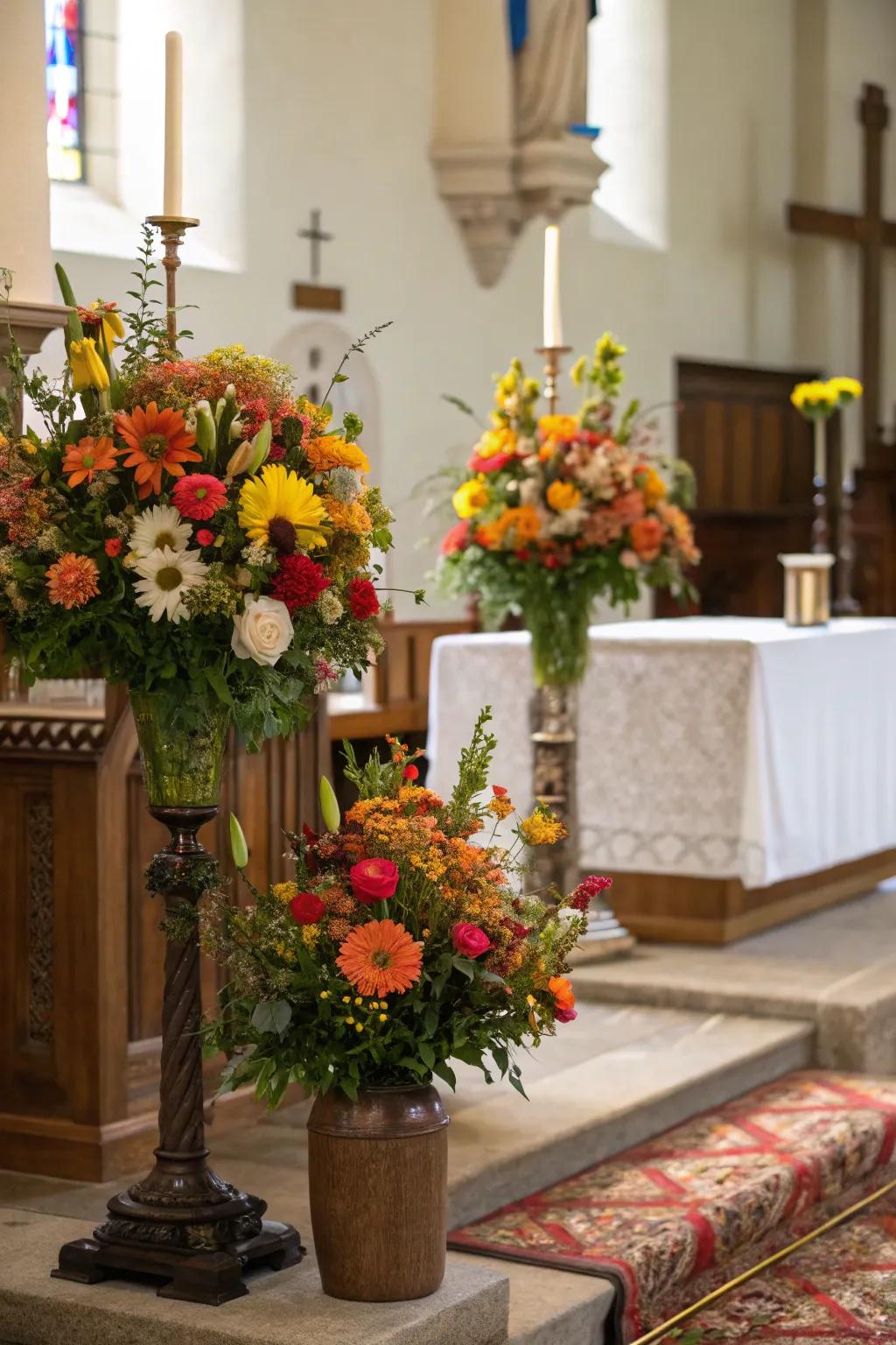 An altar overflowing with vibrant seasonal flowers, infusing a sense of freshness and color.