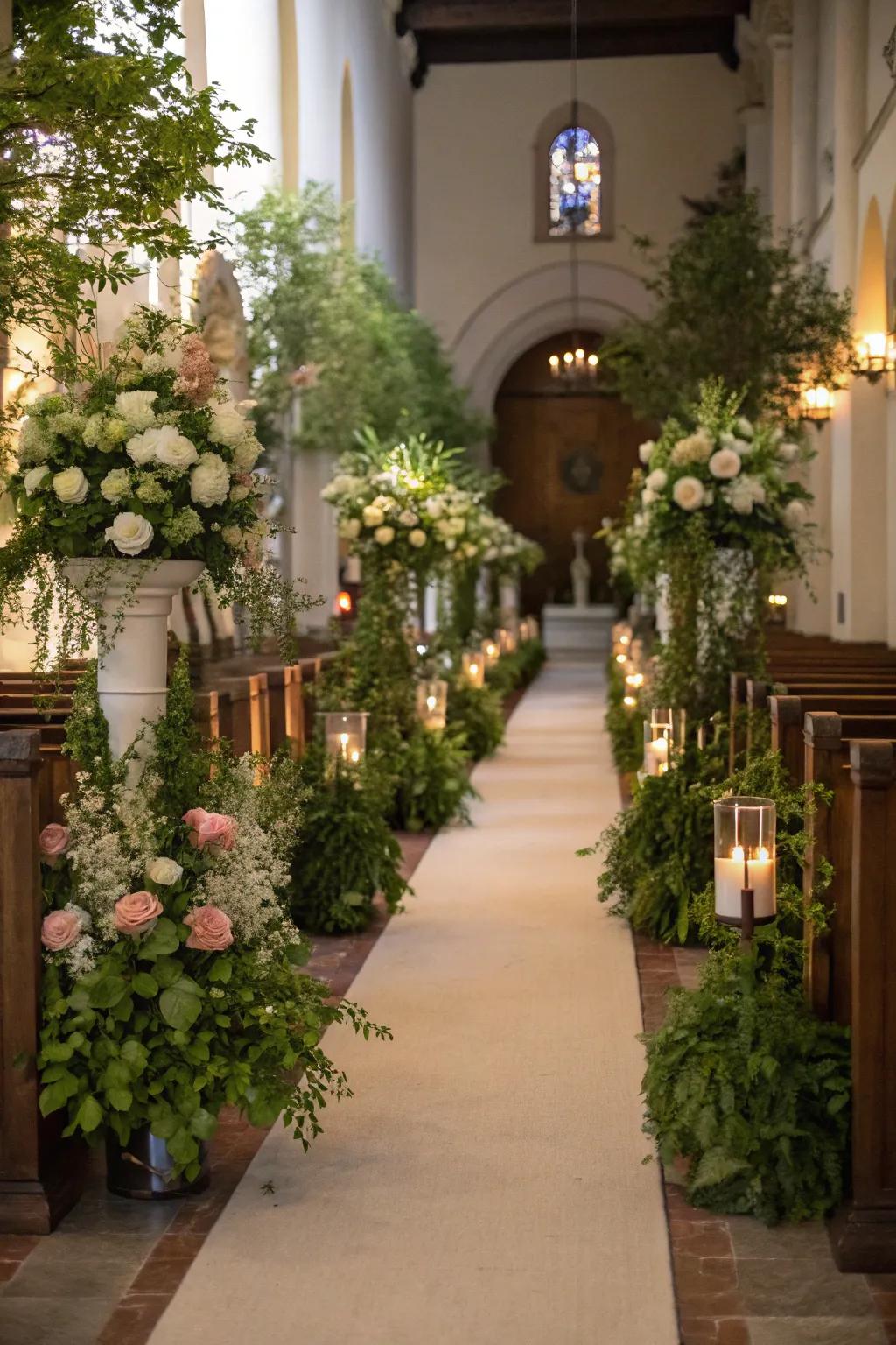 Church aisle enhanced with sophisticated floral arrangements and verdant accents.