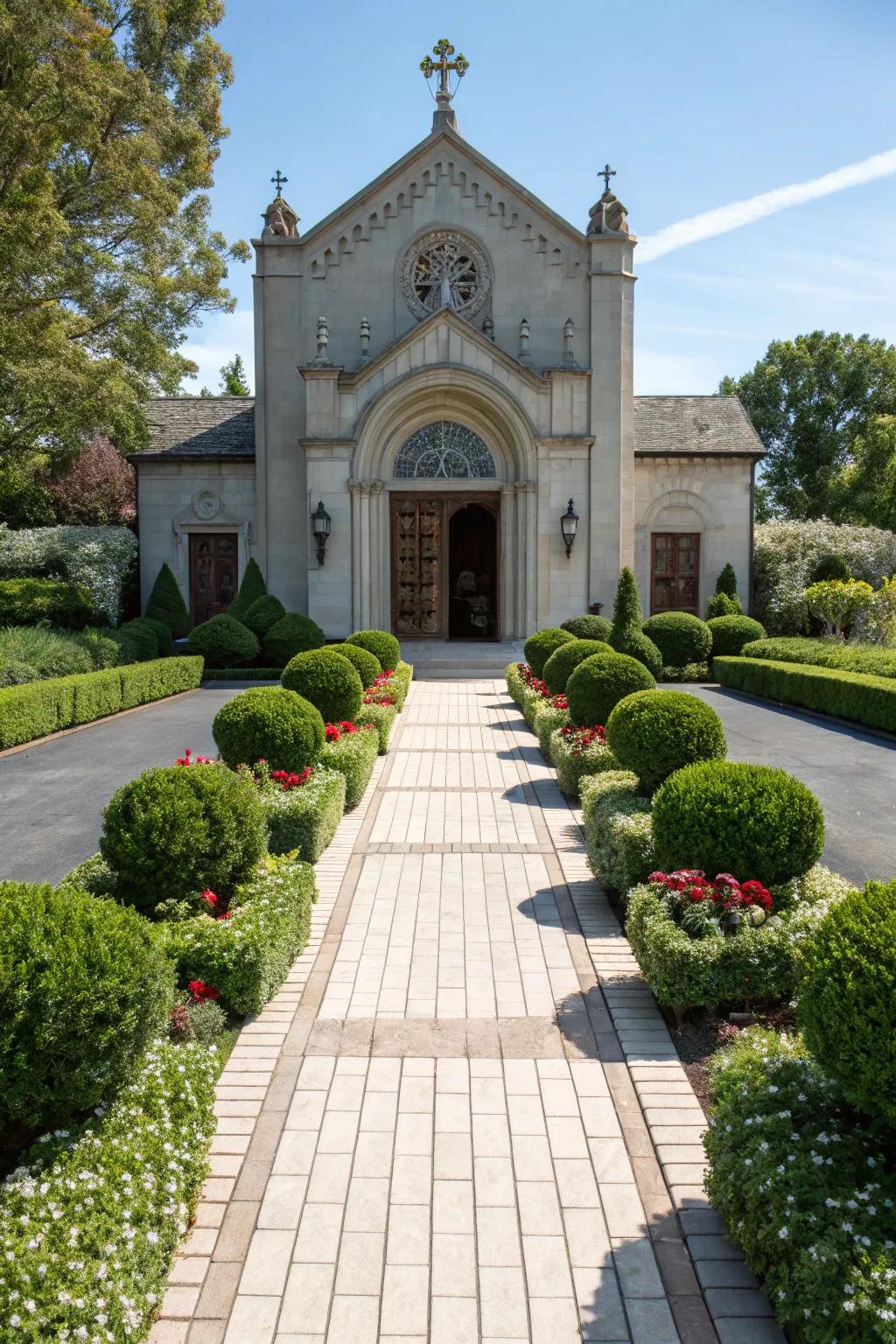 Symmetrical landscaping creates a balanced and beautiful church entrance.
