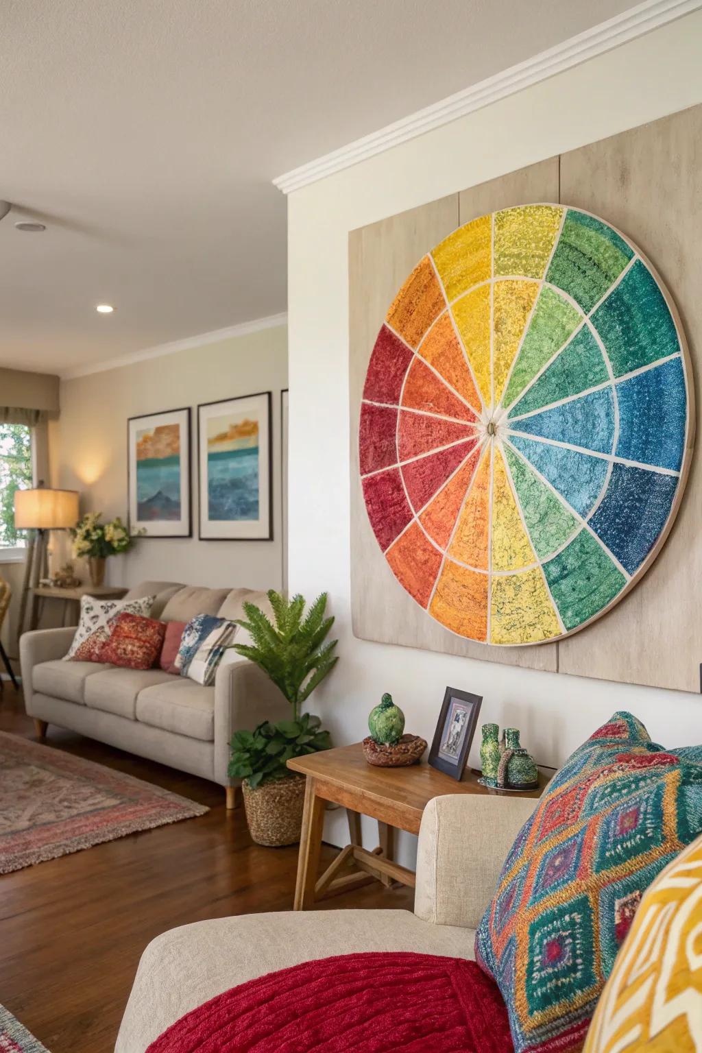 Introduce a burst of hue through non-figurative circle art.