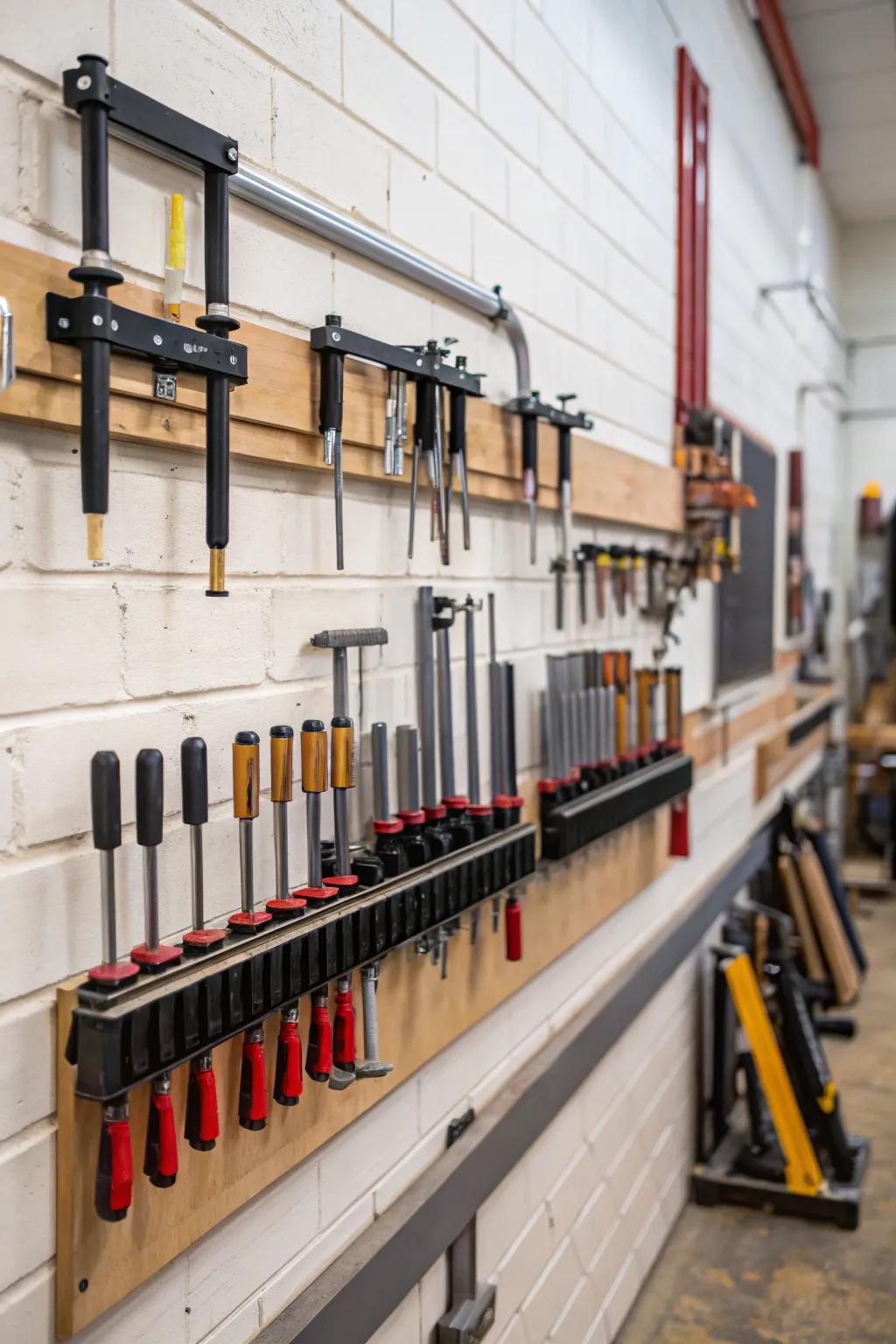 Wall-mounted shelves offer vertical storage and easy access to clamps.