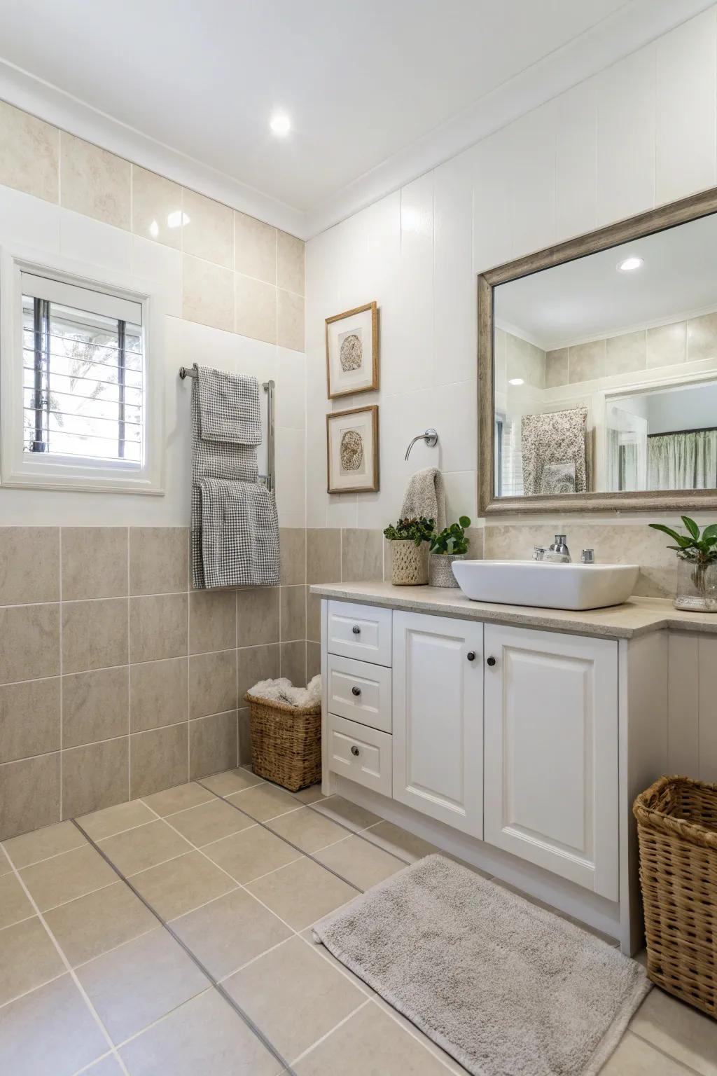 A bathroom that uses a neutral color scheme to get a timeless feeling.