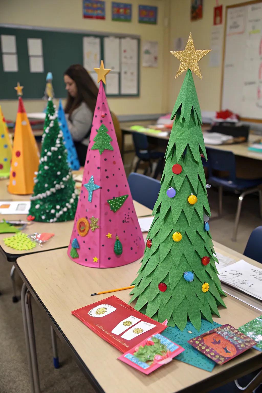 Student-decorated DIY paper Christmas trees