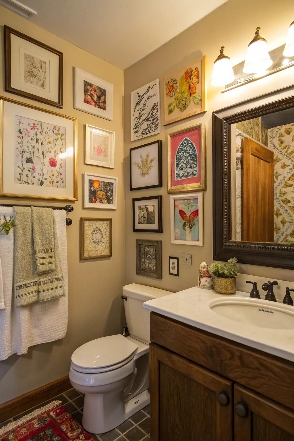 A bathroom showcasing a varied gallery wall with different art styles and frame choices.