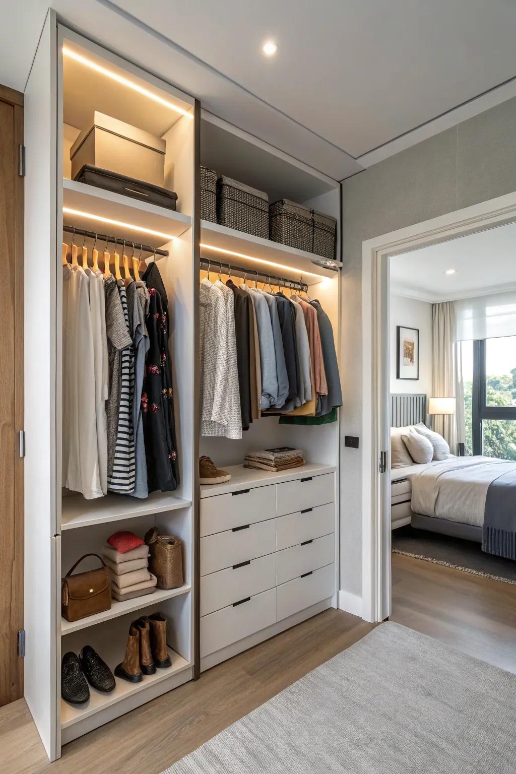 Open shelving lends a gallery-like feel to your closet.