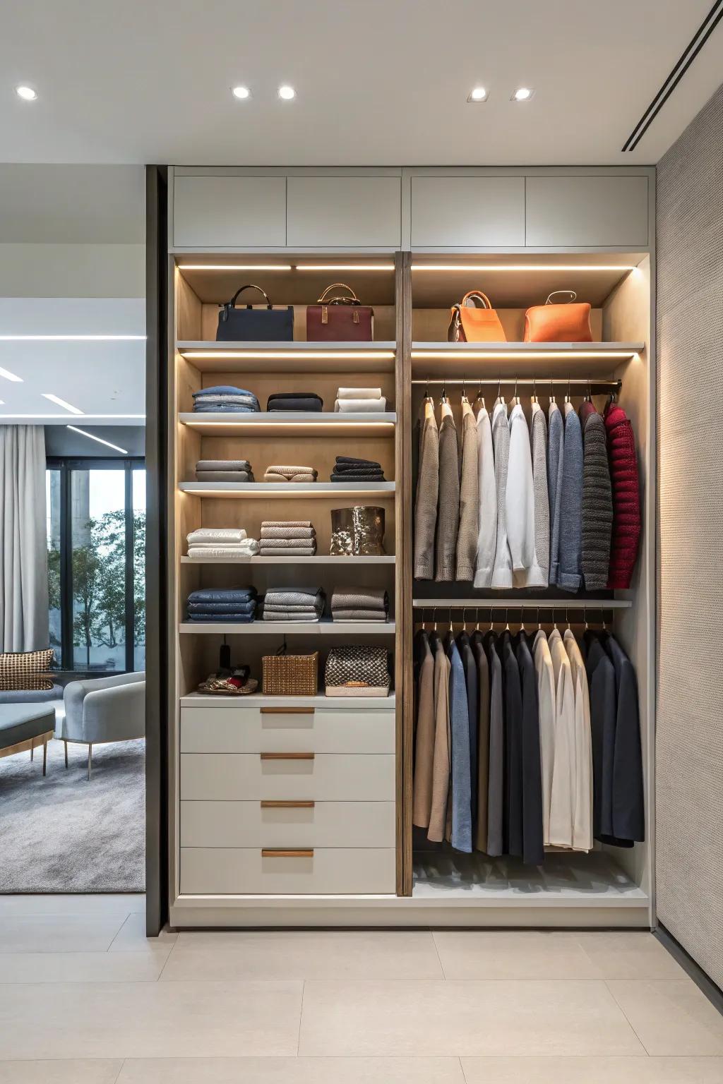 Open shelving turns clothing into an attractive part of your decor.