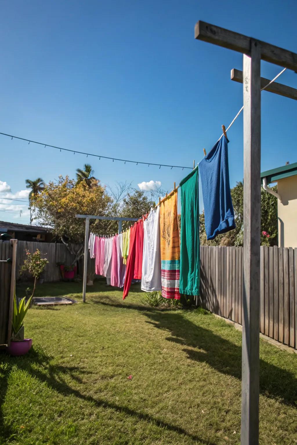 A typical outdoor clothesline with clothes of various colors gently moving in the wind.
