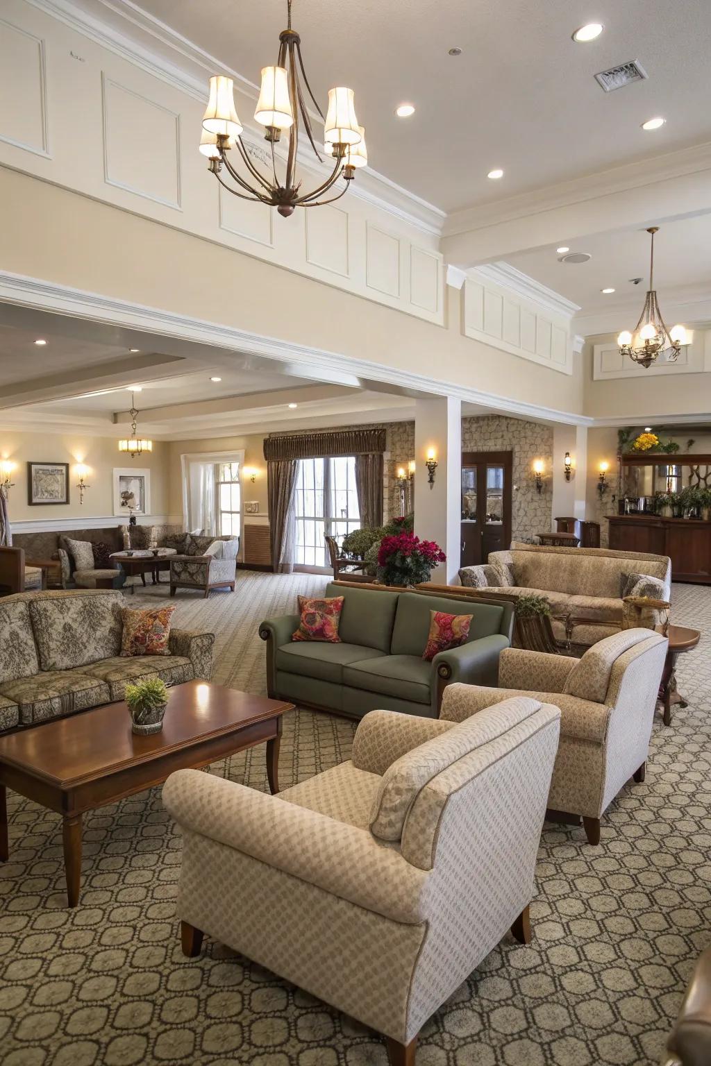 Open layouts featuring diverse seating options within a clubhouse.