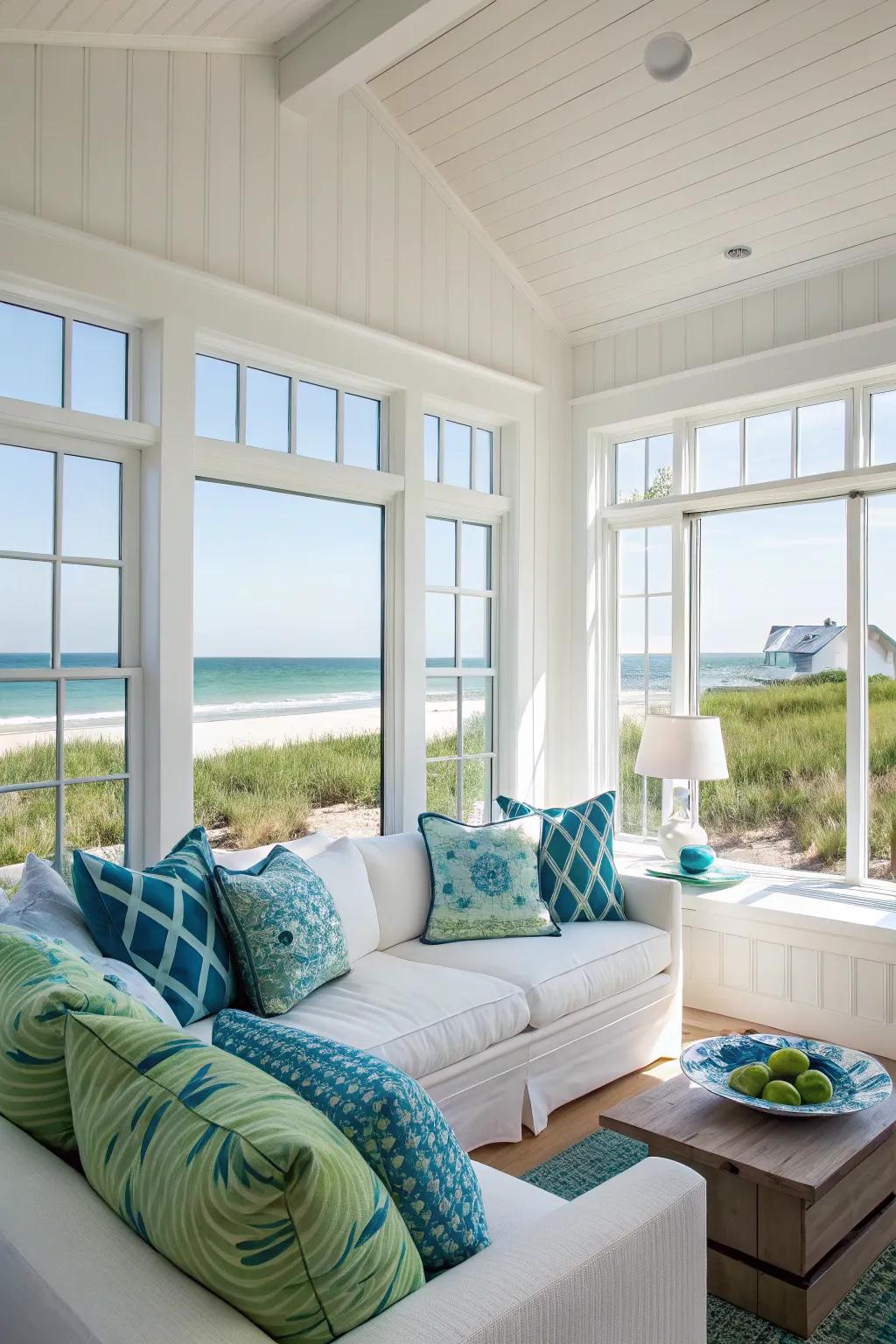 A bright and airy living area showcasing a delicate coastal color palette.