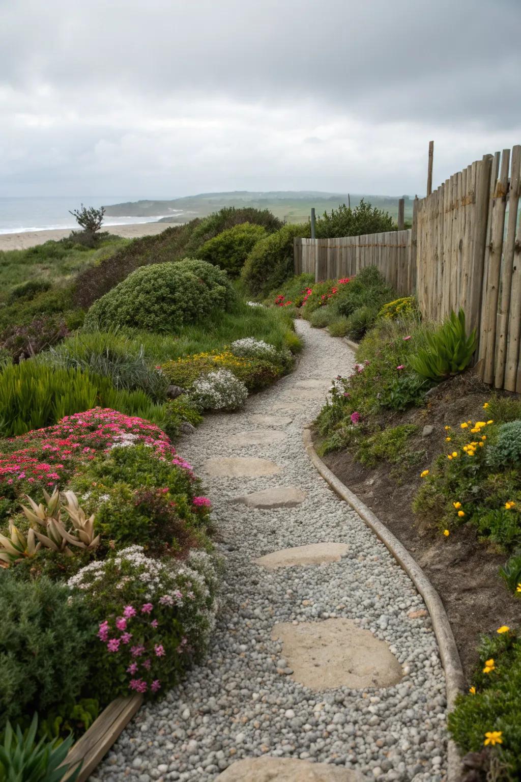 Gravel and stone walkways bring character and visual appeal to coastal gardens.