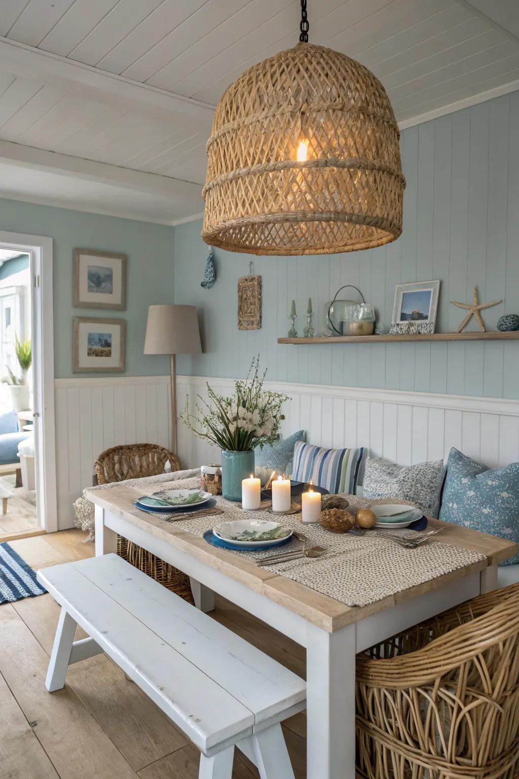 Wicker pendants give your dining area a seaside feel.