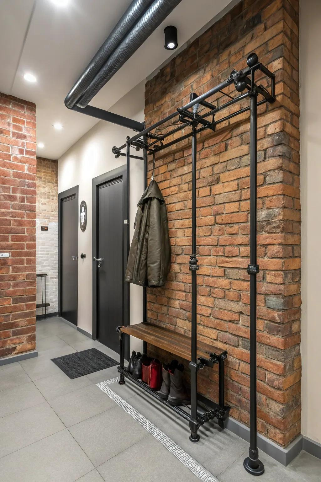 A loft-inspired coat rack fashioned from metallic pipes, infusing individuality into a contemporary entrance area.