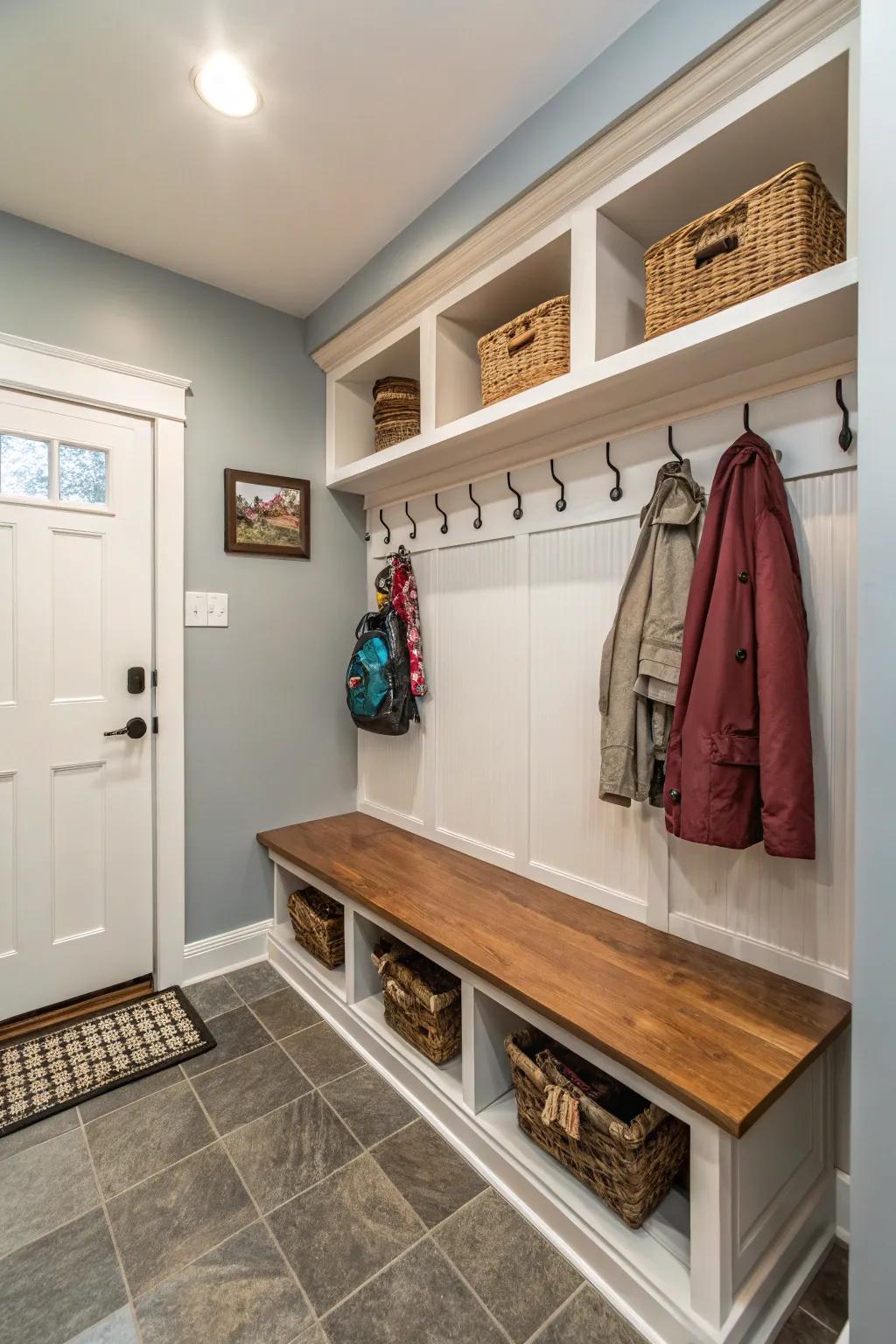 A small corner beautifully transformed into a useful mudroom.