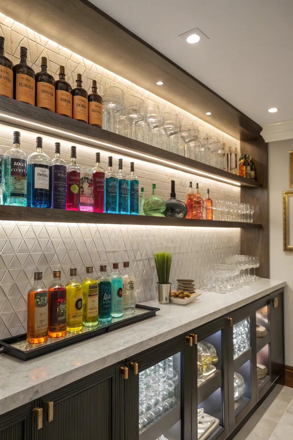 Wall shelves transform empty walls into an elegant display.