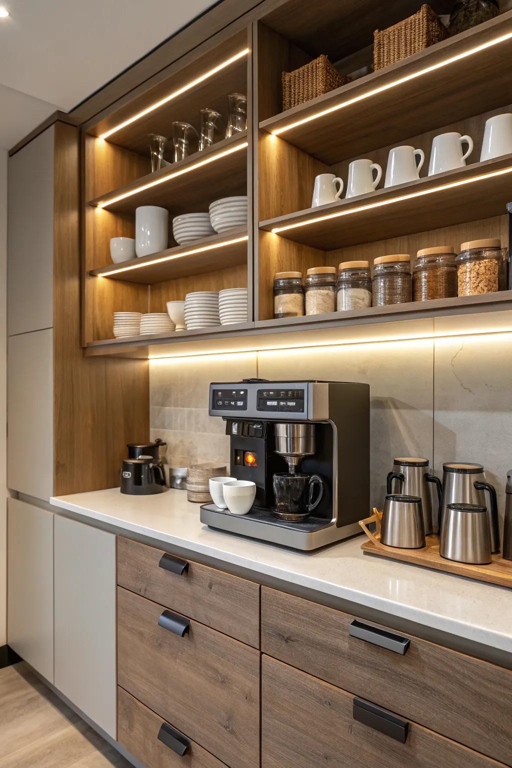 Integrated drawers and shelves ensure your coffee and tea essentials are organized and within easy reach.