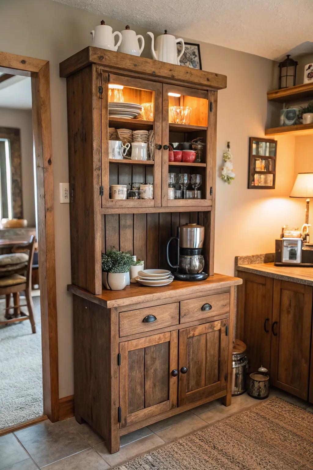 A rustic wooden cabinet that enhances the kitchen's warmth and appeal.