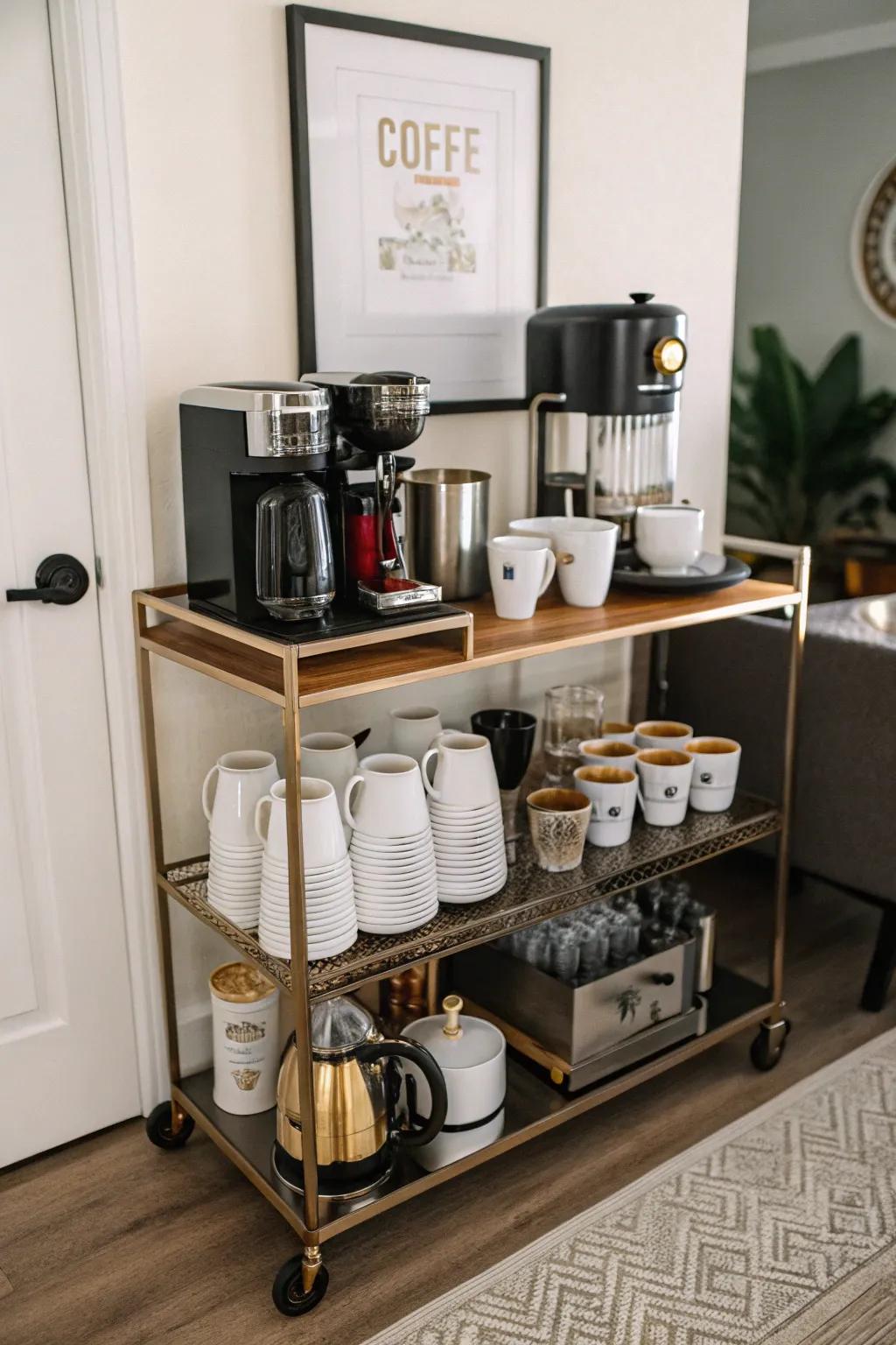 Change an old serving cart into a lively coffee spot.