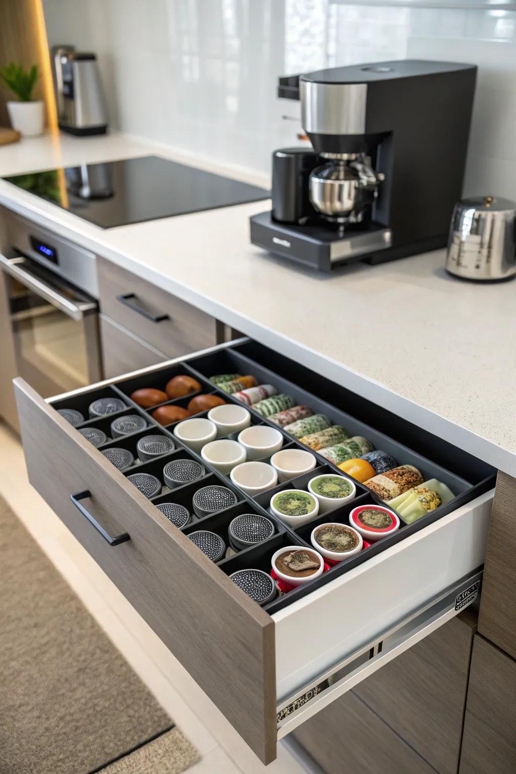 A specially designed tray for coffee capsules ensures your favorites are easily accessible.