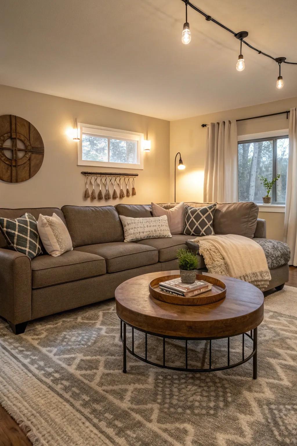 A circular center table gives a sectional couch a softer look, adding style and simplicity.