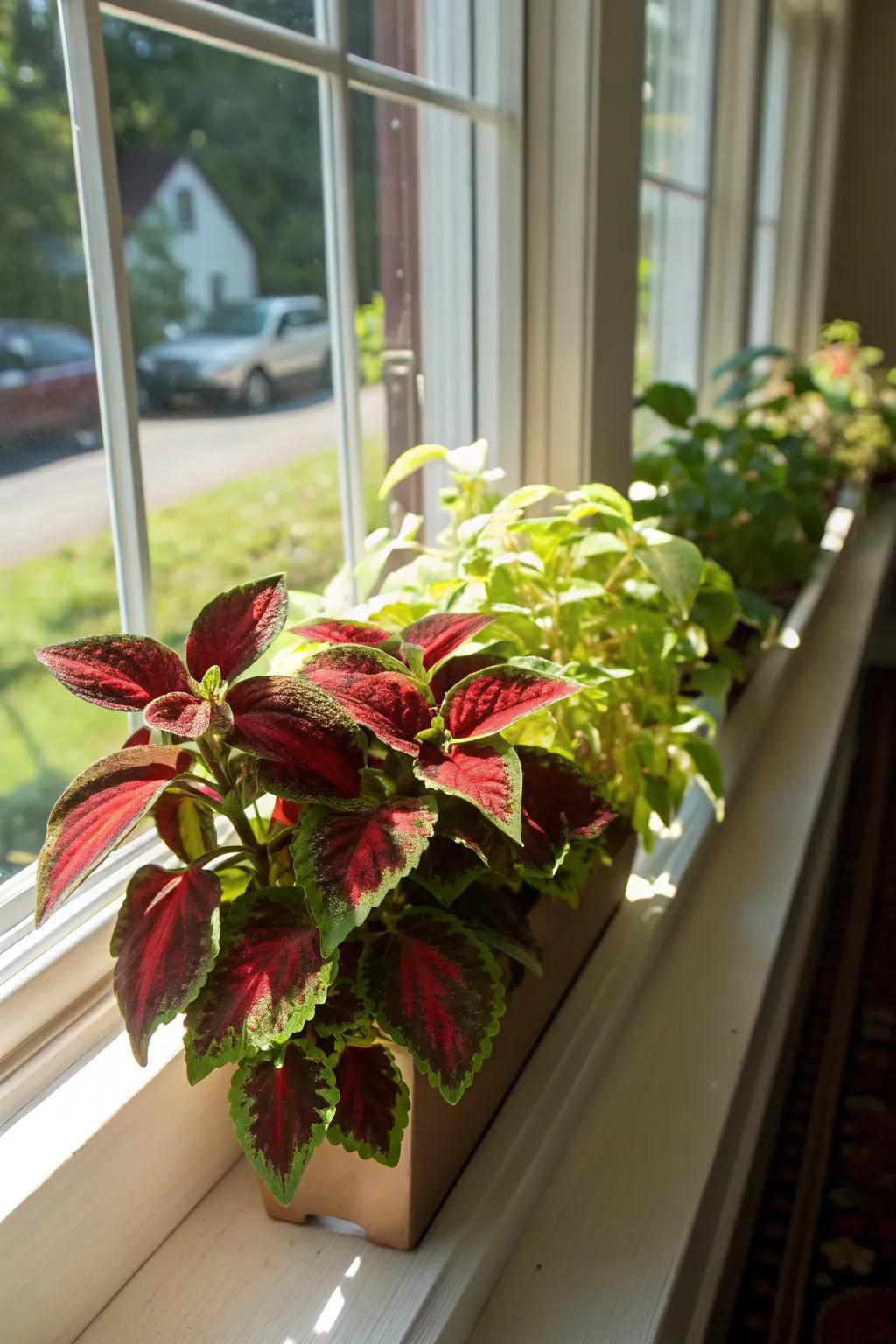 A vibrant mix of red and green painted nettle creates a stunning window box display.