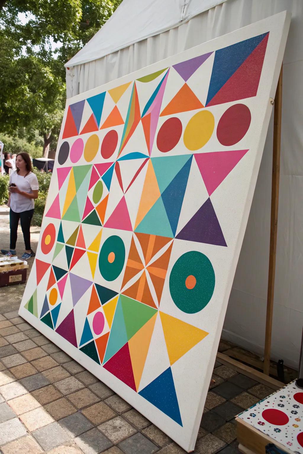 A vibrant collage of geometric shapes featuring energetic triangles and circles.