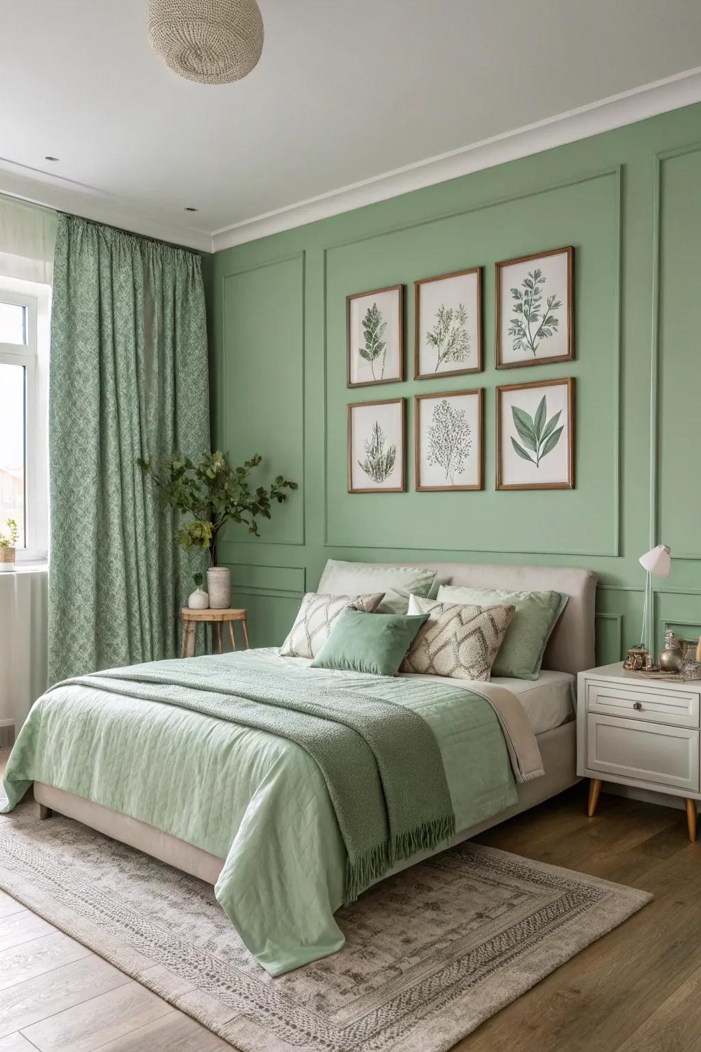 A serene sage green bedroom demonstrates the monochromatic allure of saturated color application.