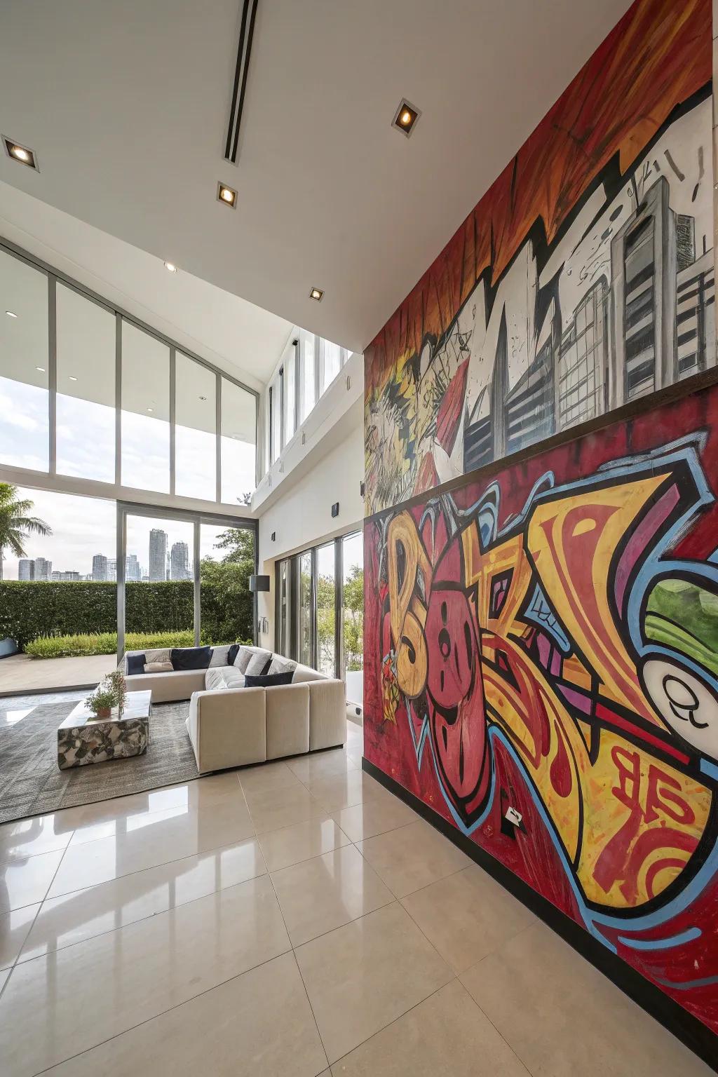 A modern home displaying a wall enhanced with vibrant and bold graffiti colors.