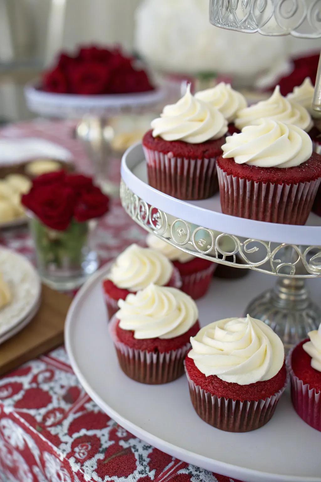 Delectable scarlet indulgence cupcakes introducing a splash of color to the dessert selection.